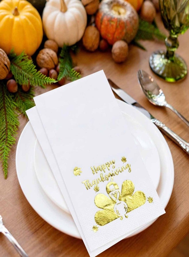 HEIPINIUYE 25 Pieces Happy Thanksgiving Paper Napkins with Gold Foil 3-ply White and Gold Turkey Guest Towels Disposable Hand Towels for Bathroom Birthday Fall Thanksgiving Party Dinner Napkins - Image 2